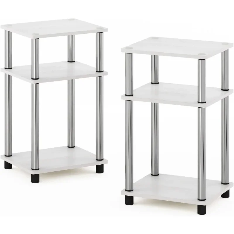 End Side Night Stand/Bedside Table with Stainless Steel Tubes, 2-Pack, 2-Tier Poles, White Oak/Chrome