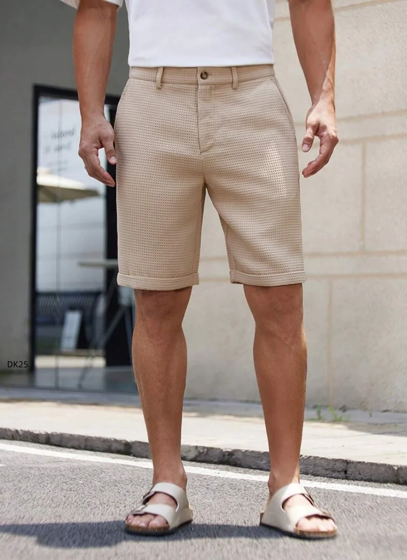 

Men's Casual Textured Summer Breathable Knee Length Shorts with Pockets Solid Color Rolled Hem Shorts for Daily & Vacation