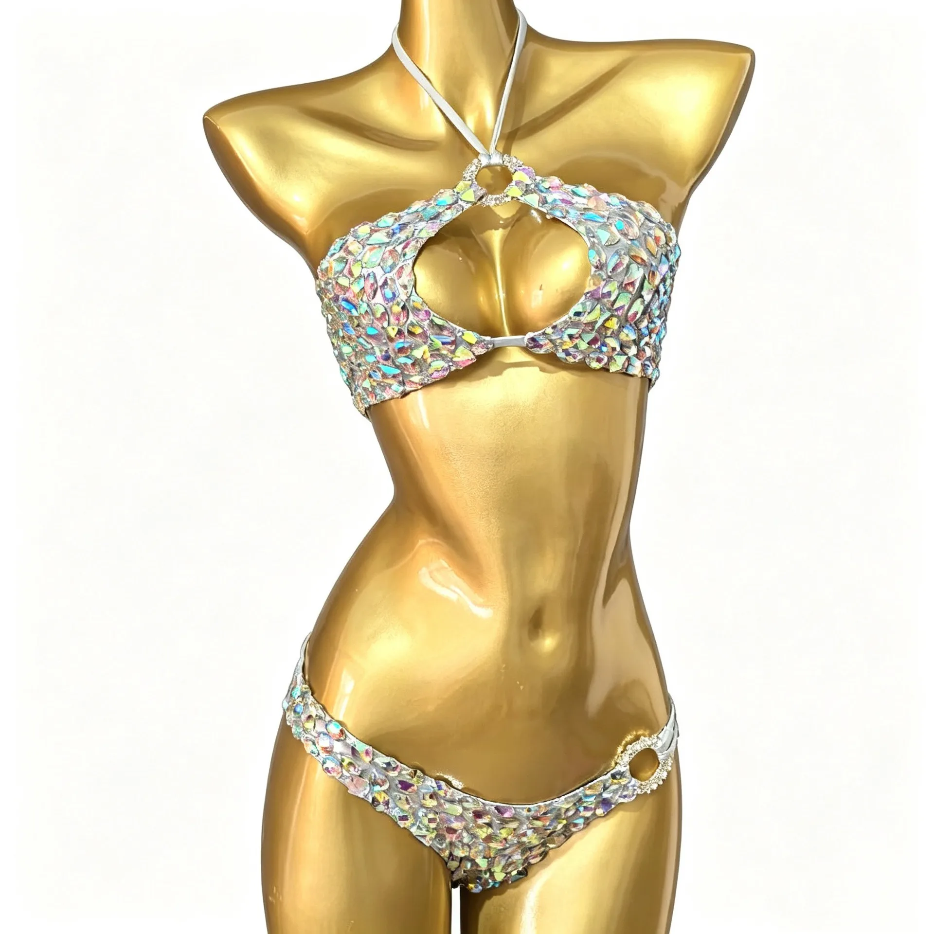 Women Sexy Beach Vacation Swimsuit Hand Sewn Rhinesonte Bikini Swimwear Bathing Suit 2 Piece Set Music Festival Nightclub Outfit