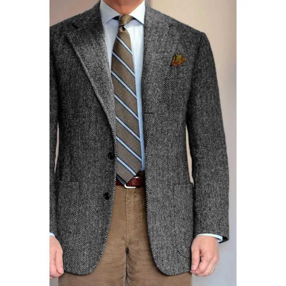 Men\'s Suit Grey Blazer Prom Groom Tuxedos Herringbone Wool Tweed Single Breasted Formal Bussiness Jacket for Wedding（Only Coat）