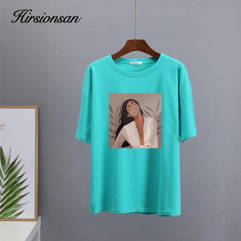 Hirsionsan T Shirt Women 2023 New Summer Githic Print Chic Tees 100% Cotton Vintage Jumper Clothes Oversized Casual Pullover Top