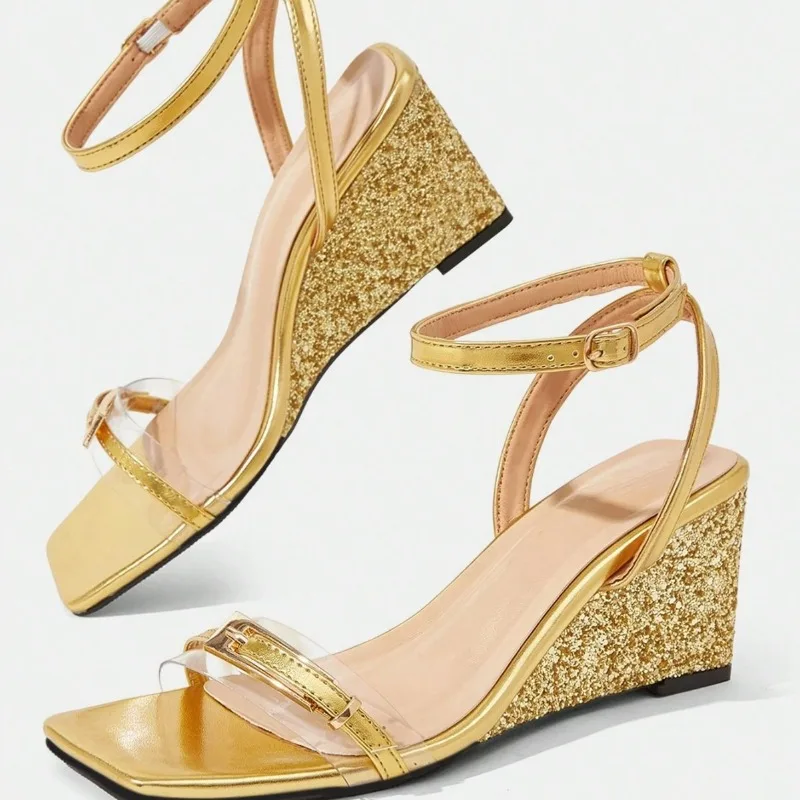 Gold Sequin Wedges Sandals Women Fashion Transparent PVC Metal Buckle Detail Designer Shoes Adjustable Ankle Strap Dress Shoes