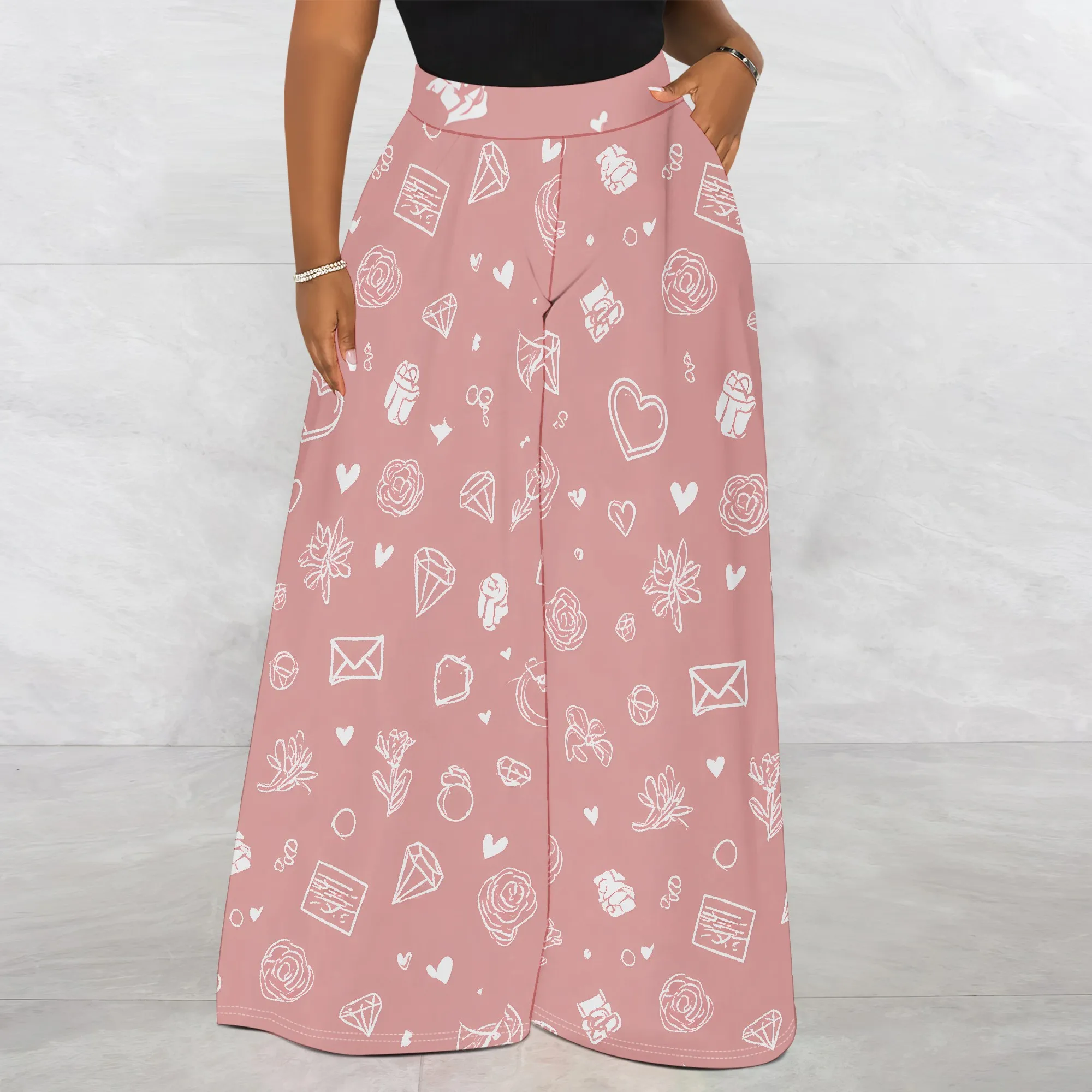 Printed Wide Leg Pants, Heart Print Trousers, Floral Pattern Palazzo, Rose Graphic Bottoms for Women, S-2XL