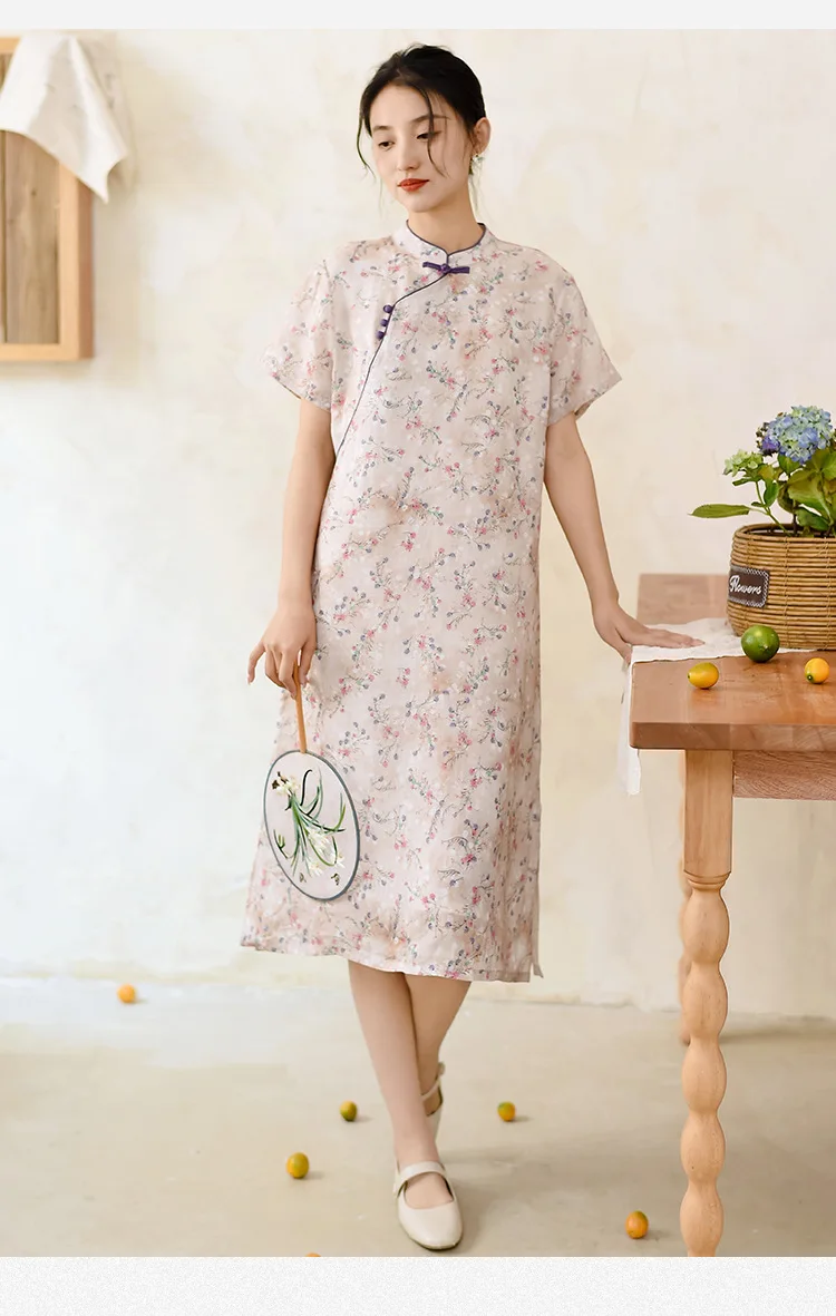 Ramie Floral Dress Chinese Style Short Sleeve Modern Qi Pao Tea Dresses Vintage