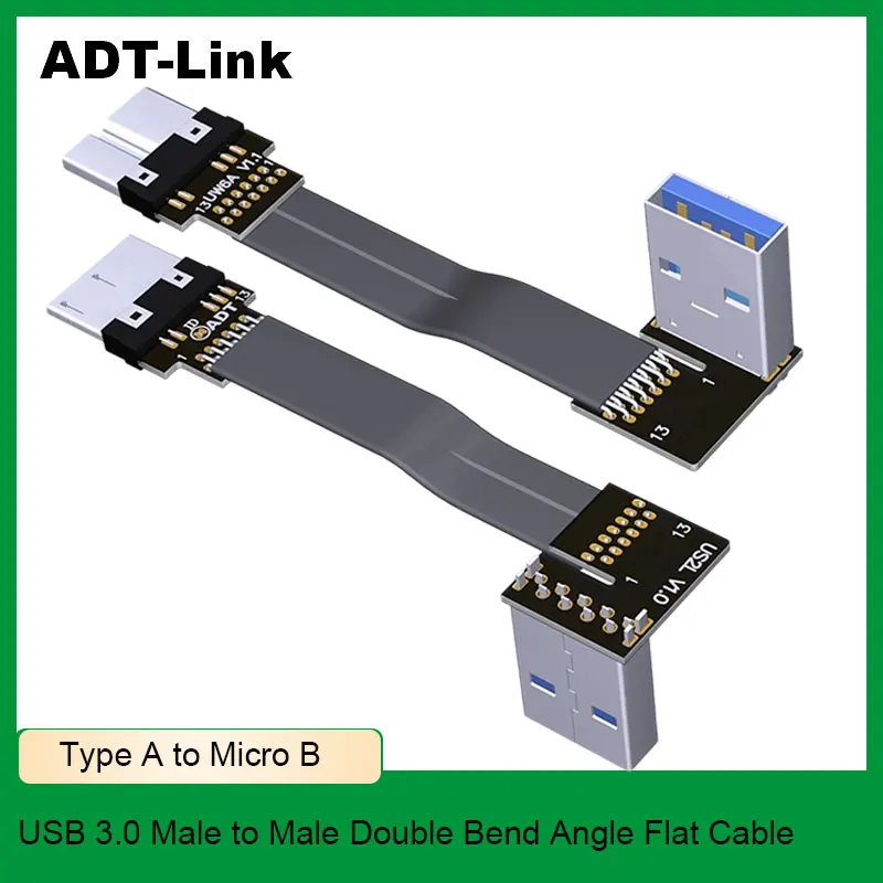 ADT-Link 13 Pin USB 3.0 Male to Male Flat Extension Cable Type-A to Micro-B Dual Bend Adapter 5G/bps for USB Extension Device