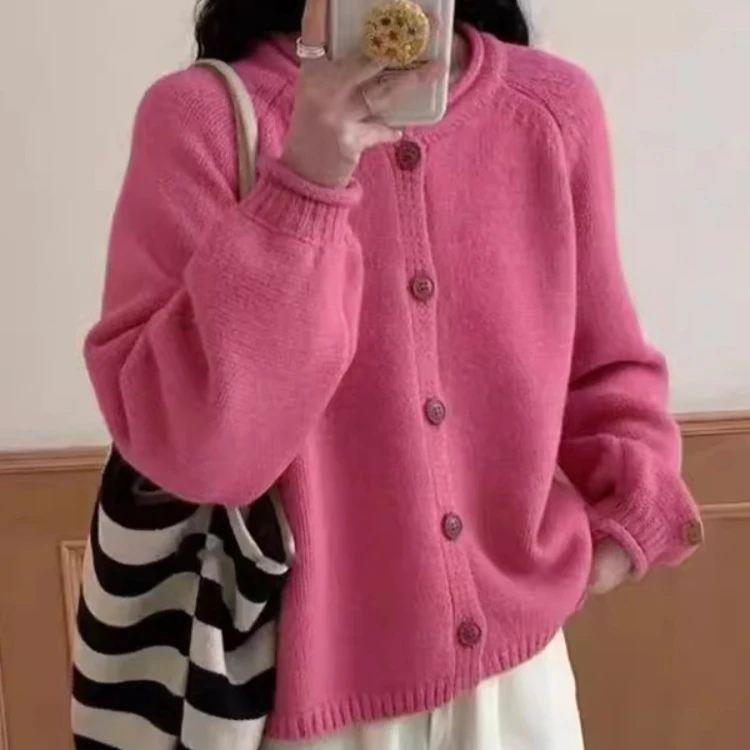 

autumn winter solid long-sleeved single-breasted casual oversized sweater women's Knitted cardigan coats jacket for youth women