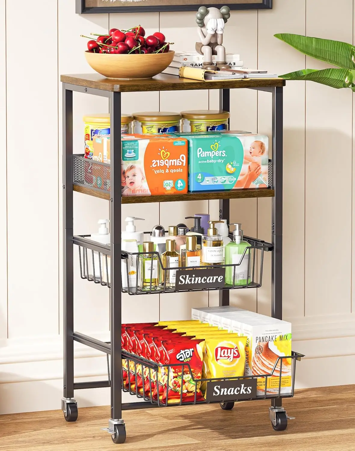

4-Tier Rolling Cart with Drawer Baskets, Metal Storage Cart with Wheels and Wood Top for Home Use in Black