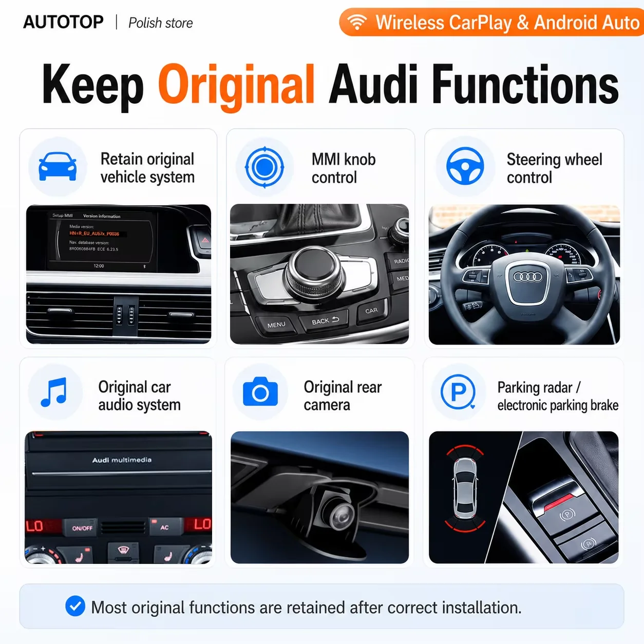 Interface de rétrofit AUTOTOP Apple CarPlay Android Auto pour Audi A4 B8 S4 RS4 A5 8T S5 RS5 Q5 8R 2009-2016 MMI 3G 3G+, module multimédia de voiture sans fil avec MirrorLink AirPlay, caméra de capteur de stationnement OEM, commande au volant et bouton de commande MMI, audio d'origine