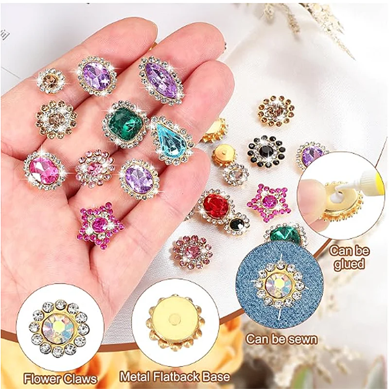 150 Stück Blumenklauen-Nähsteine mit Goldbasis, glänzende Kristall-AB-Steine zum Aufnähen, Schmuck- und Kleidungsdekoration Zubehör – Detail 1