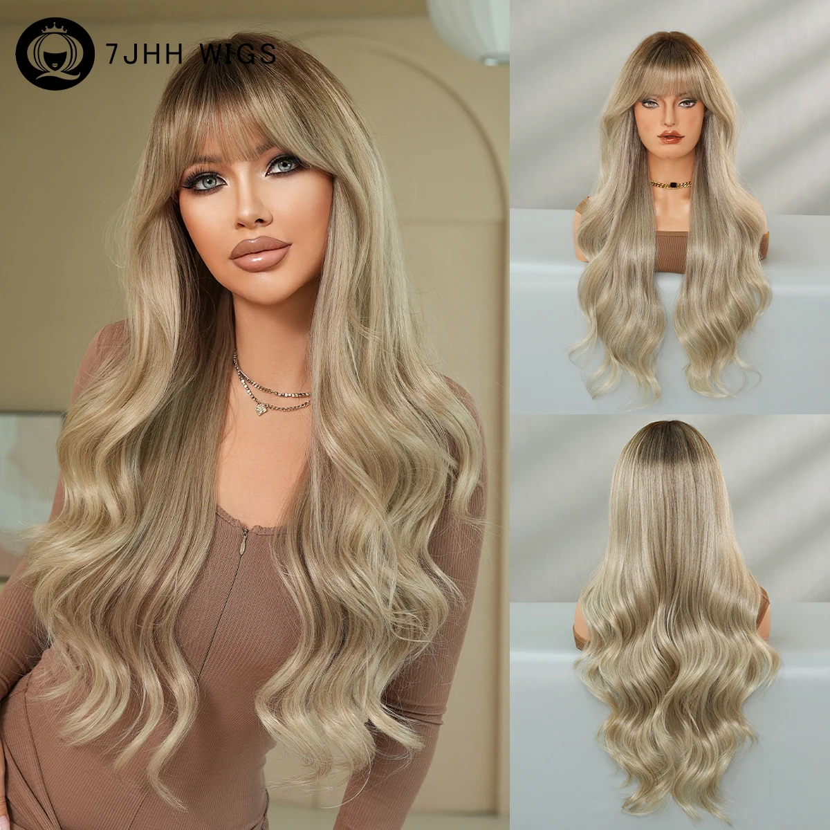 7JHH WIGS Long Curly Wave Ash Silvery Wig for Women High Density Synthetic Modest Fashion Wear and Go Wigs with Dark Roots