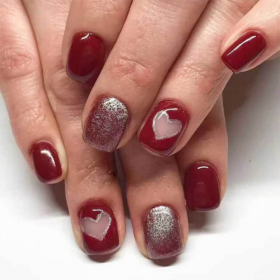 

24 Pcs Short Square Press on Nails 2025 New Valentine's Day Wear Nail High Quality Burgundy Love Glitter Heart False Nails Set