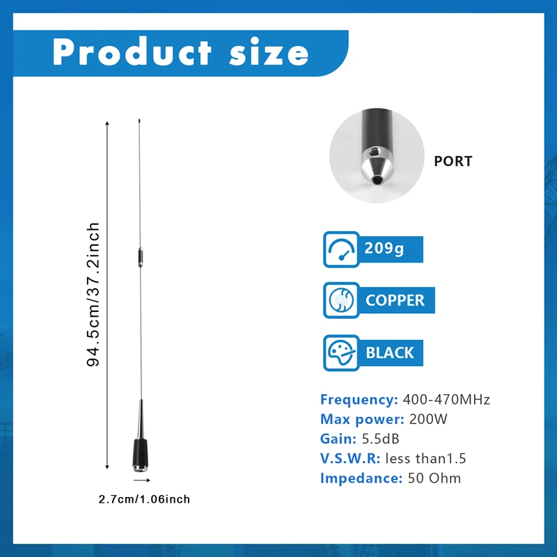 Prata Mobile Car Radio Antena, UHF, 400-470 MHz, 200W, 5.5DB, SL-16, PL-259, Detalhes do Novo