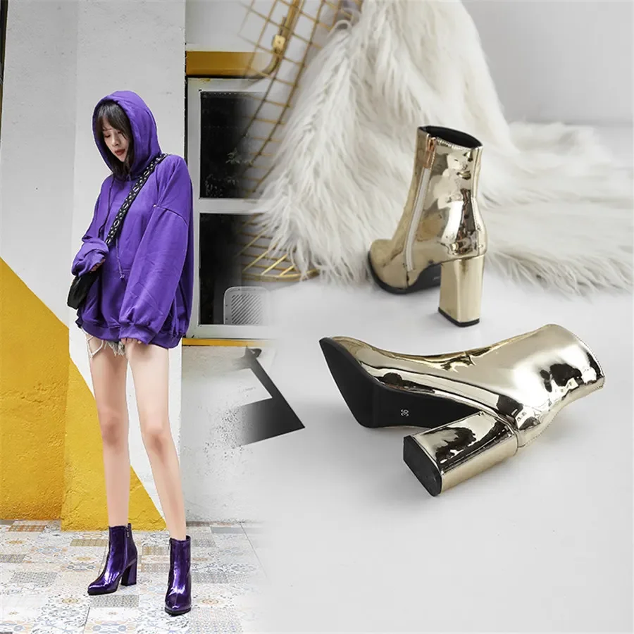 Silver Winter Women Ankle Boots Gold Mirror Patent Leather High Block Heel Party Office Lady Sexy Pointed Toe Zipper Short Plush