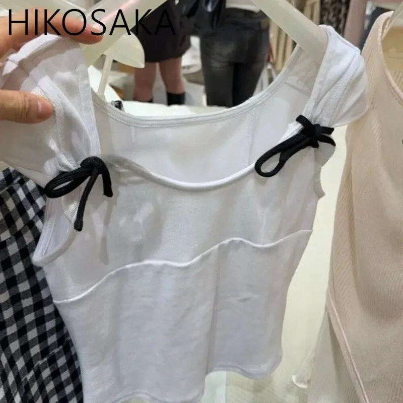 

Японский стиль, милый топ на бретелях с бантом, летняя универсальная облегающая элегантная жилетка для женщин, новинка 2025 года, повседневная футболка с коротким рукавом