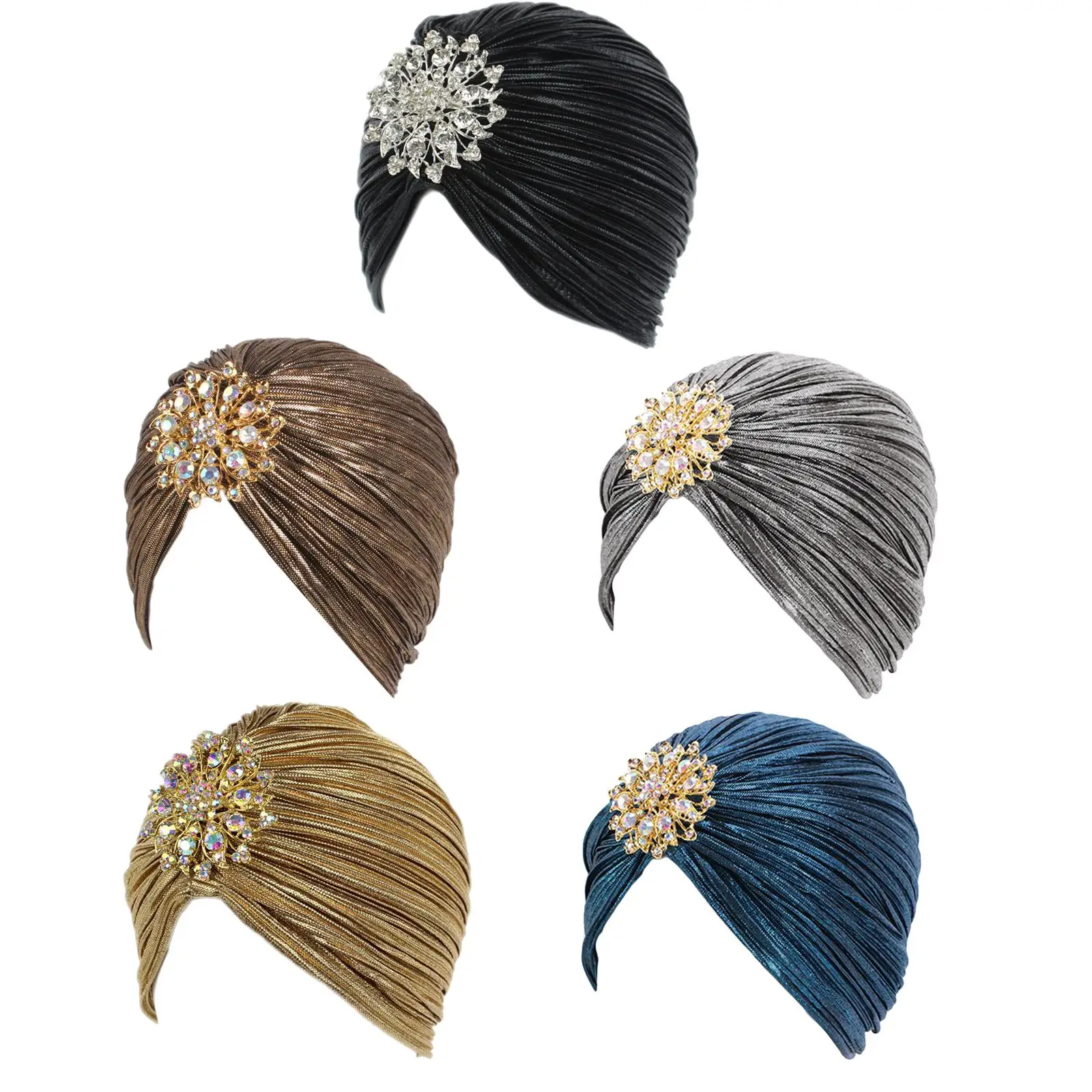 Indian Turban Hat Headband Fashionable Hair Wrap Stretch Alloy Brooch Beanie Head Wrap for Women Female Lady Wedding Birthday