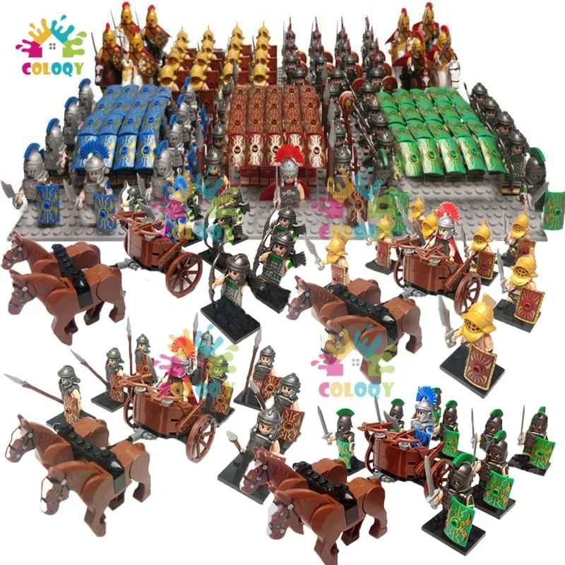 Kids Toys Roman Cavalry Building Blocks Knight Soldiers Mini Action Figures Double Carriage Toys For Kids Christmas Gifts