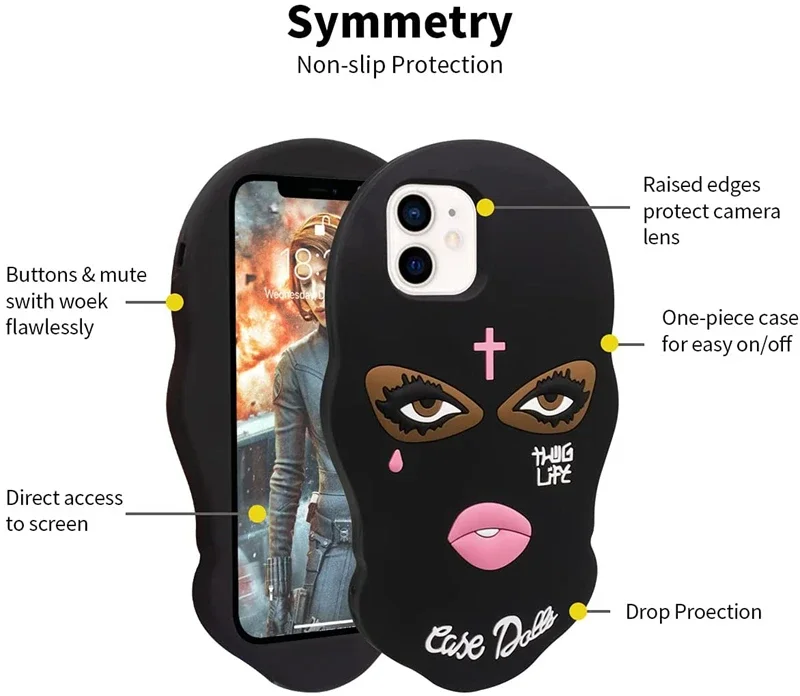 3D Cartoon Schwarze Frau Gesichtsmaske Mädchen Silikonhülle für iPhone 17 16 15 14 13 12 11 Pro Max XS XR X 17Pro 16Pro Weiche Handyhülle – Detail 3