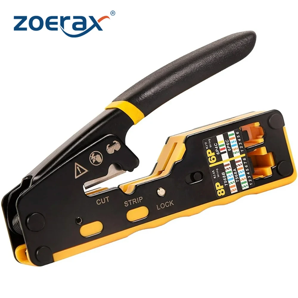 ZOERAX RJ45 RJ11 RJ12 Crimp Tool for Cat6 Cat5 Cat5e, Pass Through Ethernet Crimper with Replacement Blade