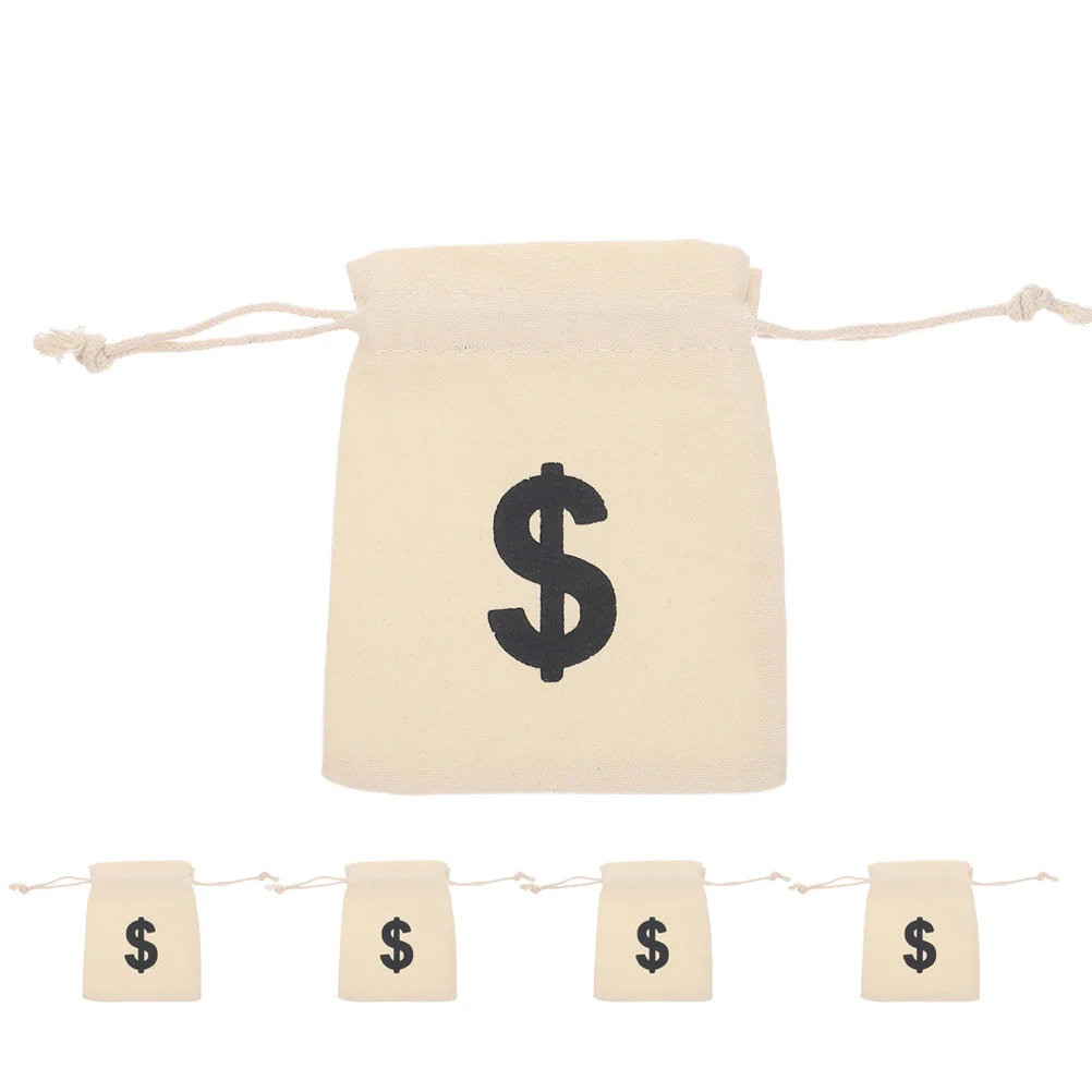 

5Pcs Dollar Sign Canvas Money Pouch Drawstring Bag for Themed Parties Pirate Cowboy Cosplay Accessories Small Candy Storage
