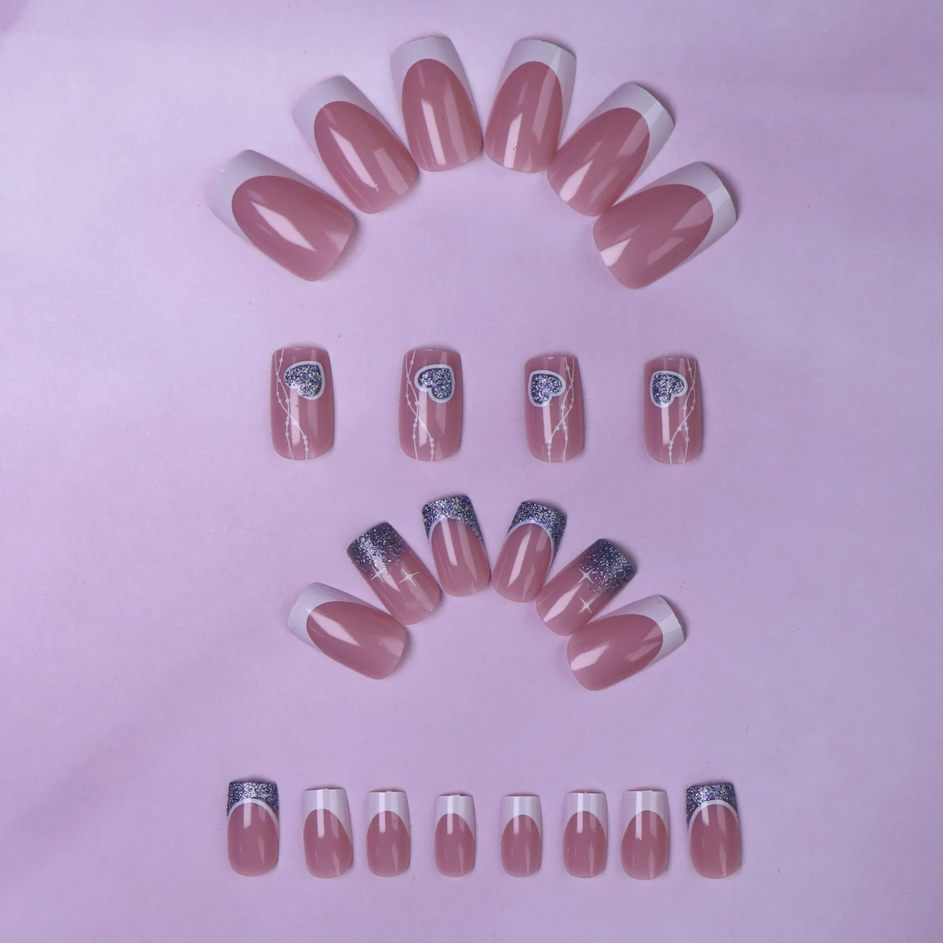 24 PCs Short French Pop Heart Nails with 1 Jelly Gel and 1 Nail File