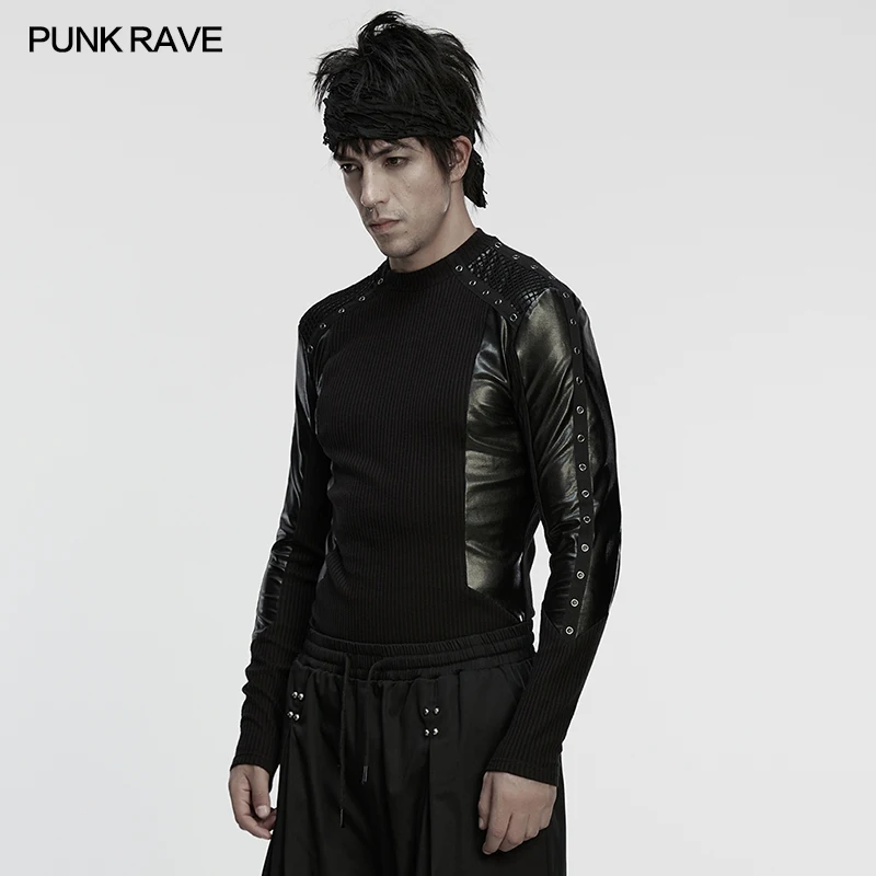 PUNK RAVE Men's Cyberpunk Different Fabrics Splicing Long Sleeve T-shirt Gothic Cool Handsome Metal Eyelet Webbings Tops