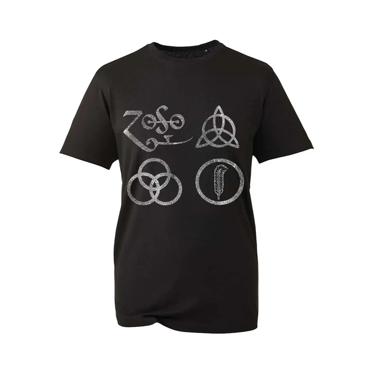 T-shirt con stampa glitterata a quattro simboli Led Zeppelin IV – Abbigliamento iconico in cotone grafico con emblema dei membri dell'album per i fan di Led Zeppelin