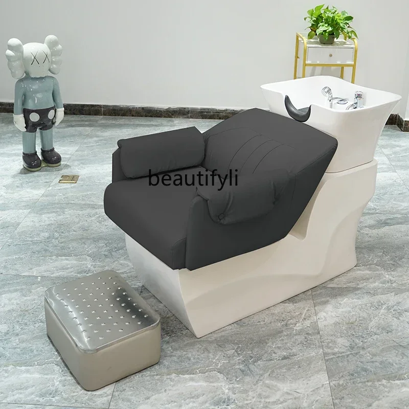 xqCeramic Basin Shampoo Chair Barber Shop Lying Half with Quick-Heating Water Heater Integrated Flushing Bed