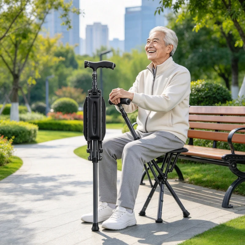 Foldable Walking Cane with Seat for Seniors, One Touch Quick Open Stool, Lightweight Compact Support for Outdoor Rest and Travel