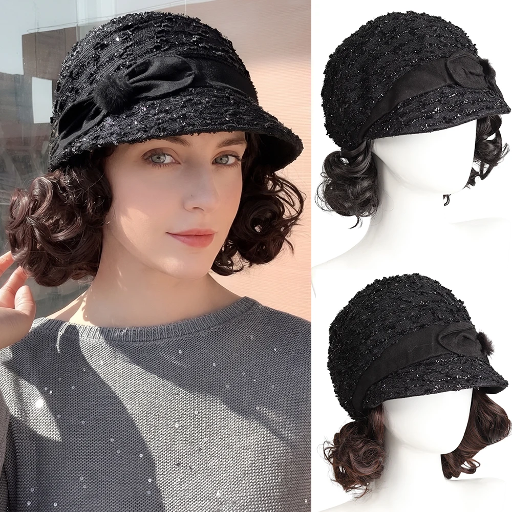 vintage elegant wool small hat Synthetic integrated Hat wig Autumn And Winter fisherman's hat Warm hat wig for women daily wear