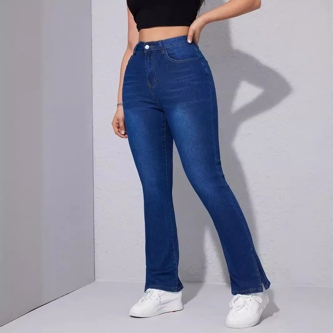 

New Fashion Washed Elastic Straight Leg Jeans for Women Four Seasons, Slit Slim High-waisted Casual Jeans Women's Streetwear