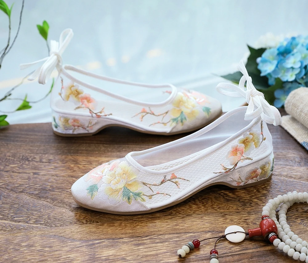 Veowalk Long Ankle Strap Summer Women Gauze Mesh Embroidered Ballet Flats Breathable Comfortable Walking Shoes for Elegant Lady
