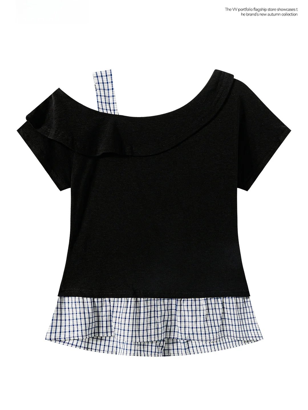 Slim Fit Checkered T-Shirt Women's Summer Short Sleeve Sexy Side Neckline Pleated Hemline Korean Style Black Top for Teens