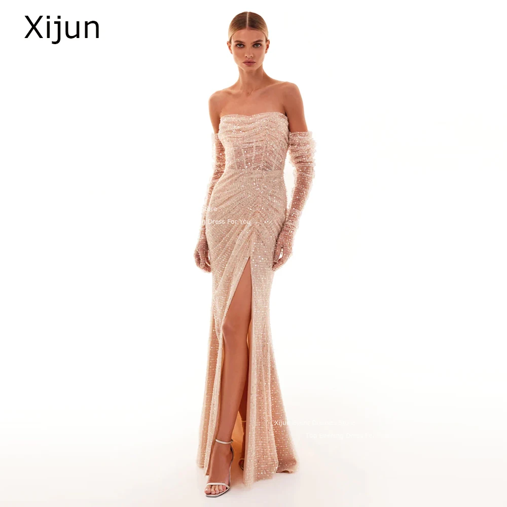 Xijun  Nude Glitter Evening Dress Sequins Mermaid Celebrity Prom Dresses Party Dress Floor Length Side Slit Prom Gowns 2023Women