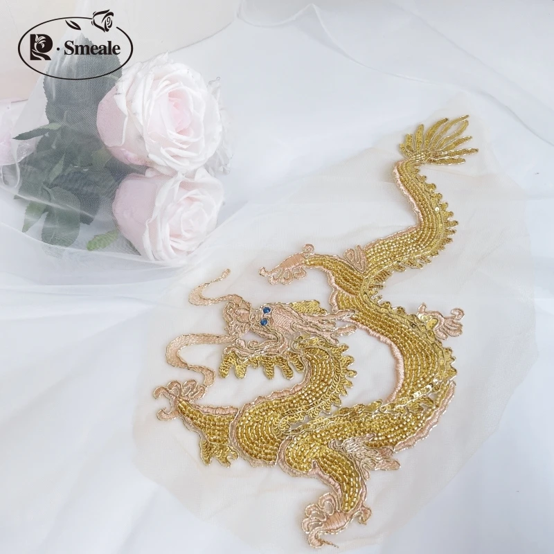 Goldener chinesischer Drachen patch, Hand gefertigte Rohr perle, Pailletten-Spitzen gewebe, RS4248, 38 * 19C, 2 Stück, 1 Paar – Detail 4