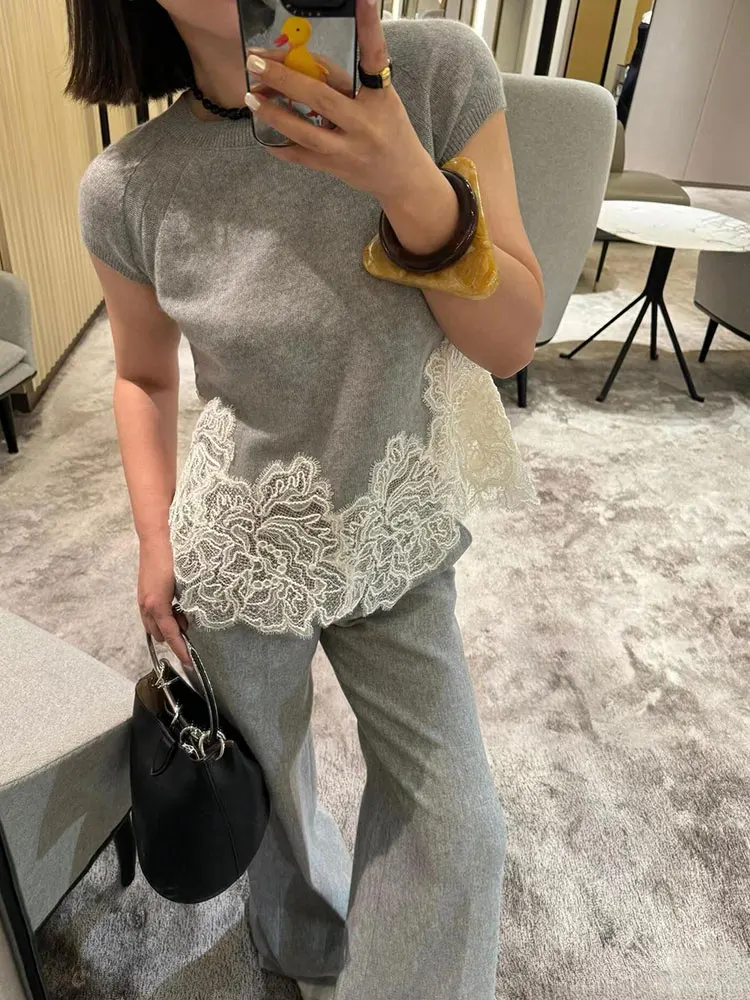 

Женский летний вязаный топ с кружевными вставками и круглым вырезом, в корейском стиле, прямого кроя, с цветовыми блоками