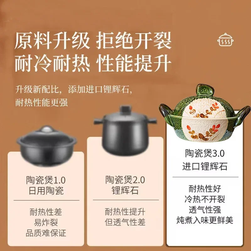 Retro glazed branches and leaves ceramic casserole, binaural anti-scalding saucepan with lid, household soup and rice casserole
