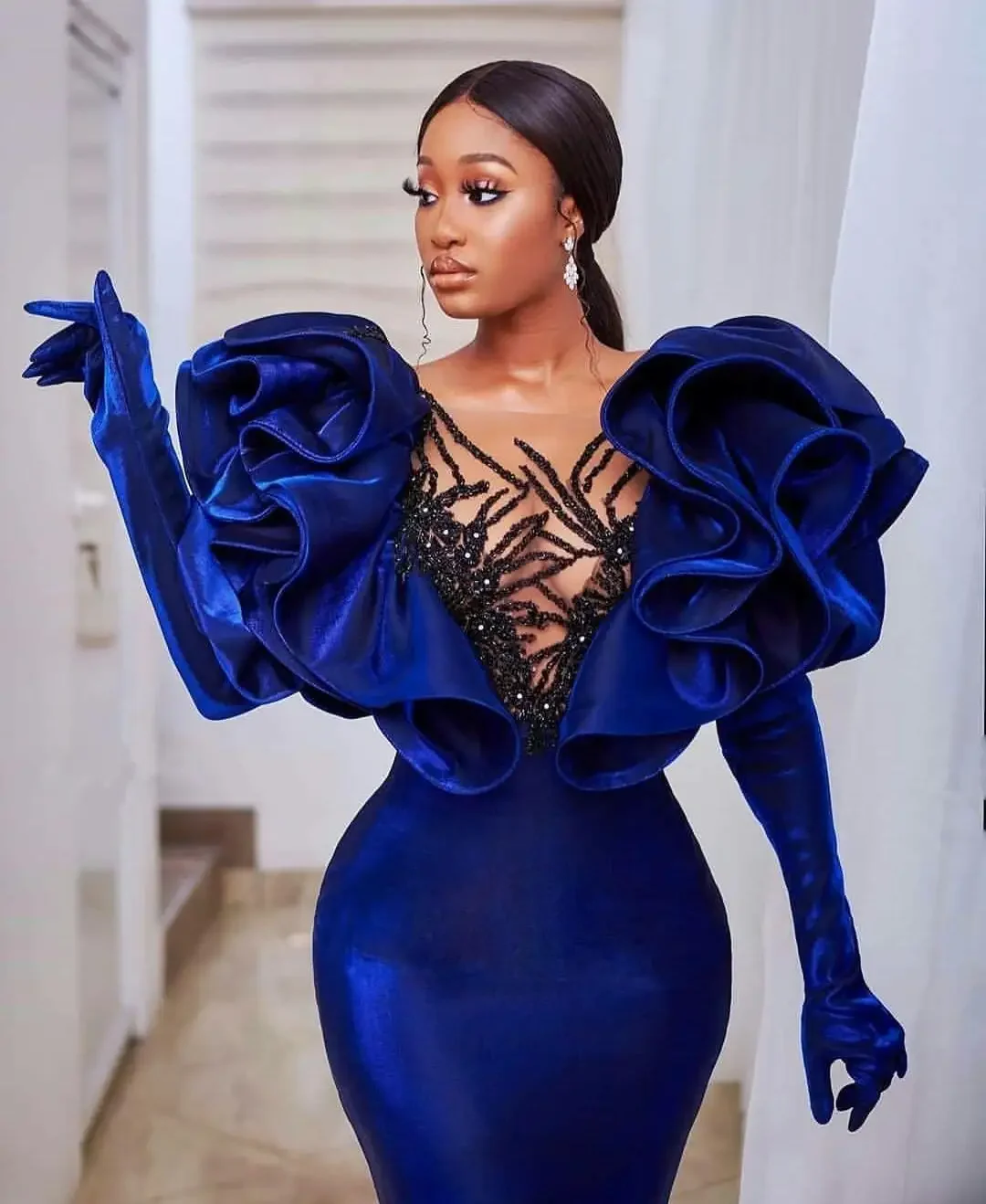 Modest Velvet Mermaid Prom Dresses Plus Size Ruffles Capped Sleeve Elegant Formal Evening Gowns 2021 vestido de novia