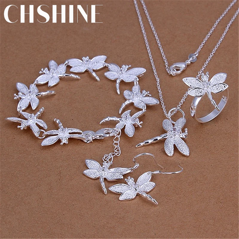 

Fashion Luxury 925 Sterling Silver Crystal dragonfly pendant necklace earring bracelet rings for women Popular Jewelry set gifts