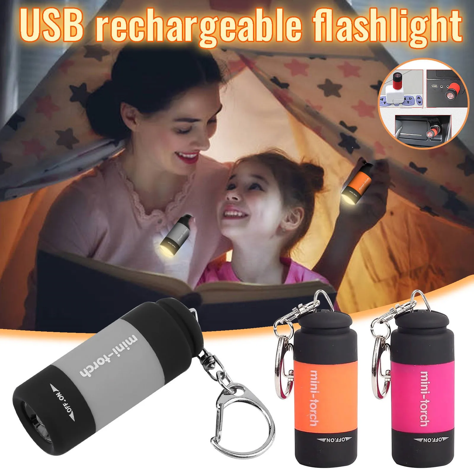 Rechargeable USB Mini-Torch Keychain Normal Brightness LED Flashlight Emergency Light Source Portable Flash Light Torches