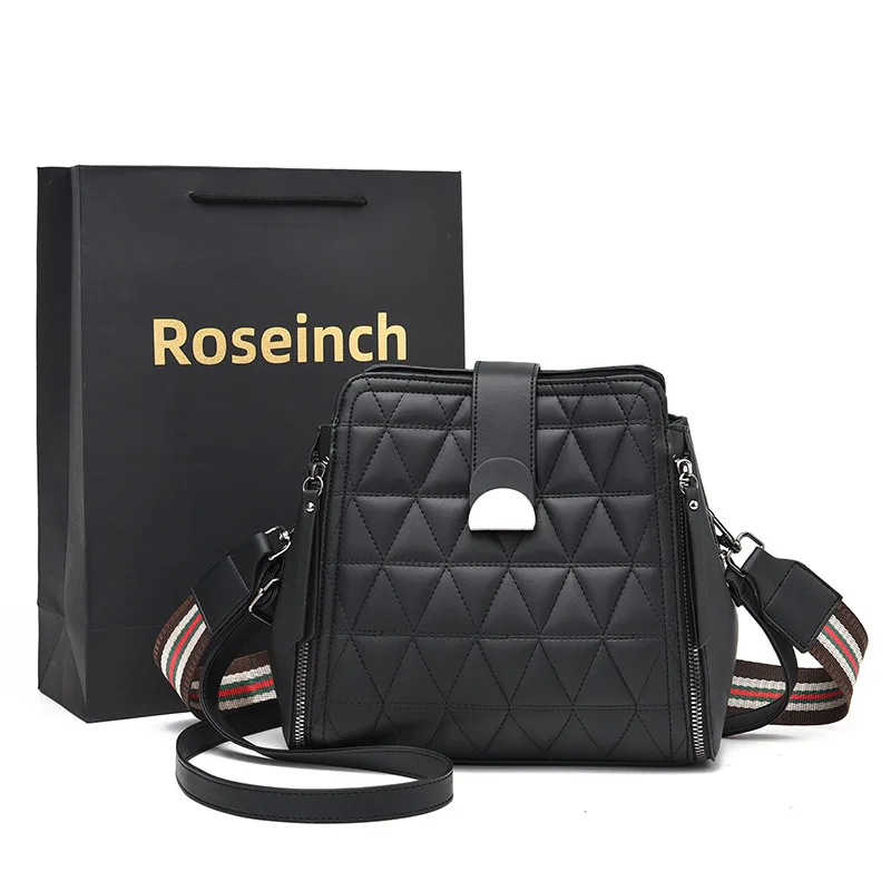 

2024 New Trend Fashion Embroidered Thread Single Shoulder Crossbody Bag Casual PU Zipper Buckle Square Bucket Bag