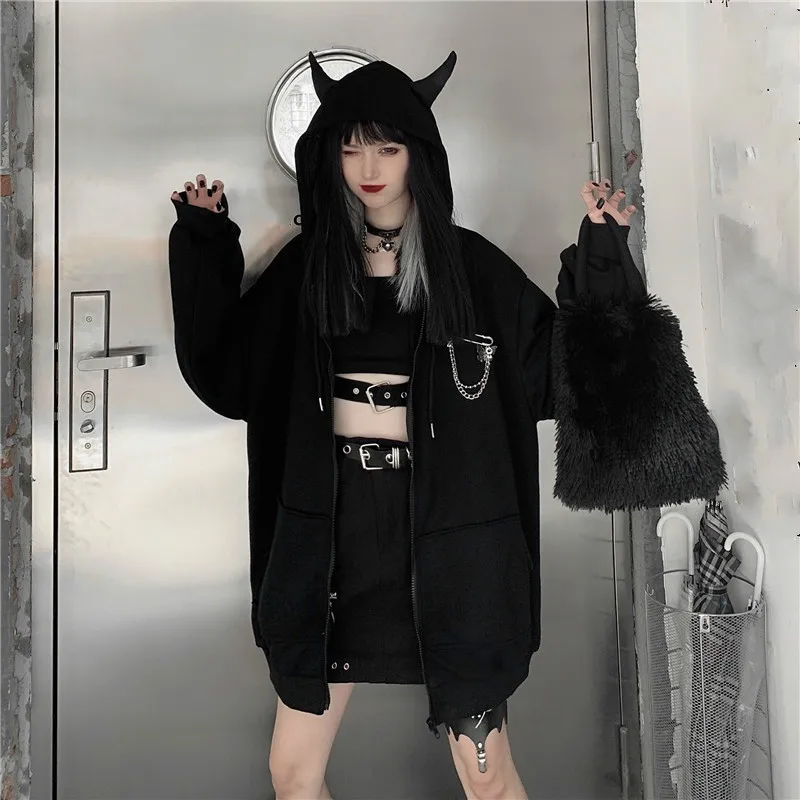 

2023Spring Fall Women Harajuku Punk Gothic Girls Black Devil Horn Hoodies Sweatshirt Japanese Loose Long Sleeve Jacket Plus Size