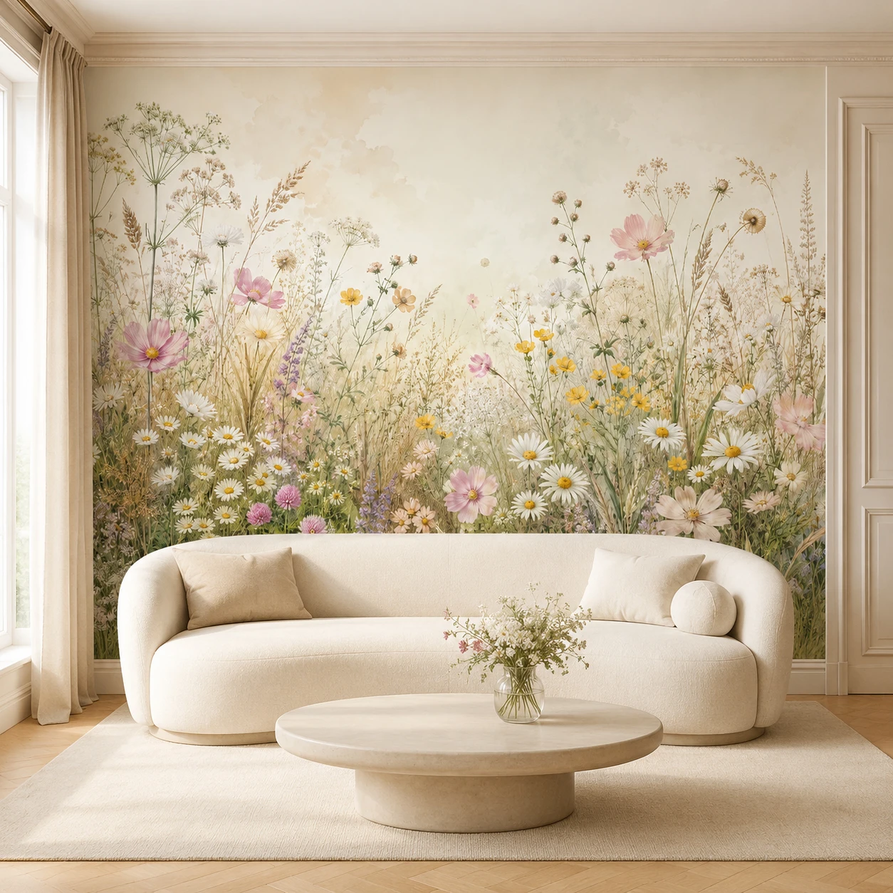 Boho Watercolor Wildflower Wall Mural Custom Size Pastel Meadow Floral Wallpaper Living Room Bedroom Decor, Glue Not Included