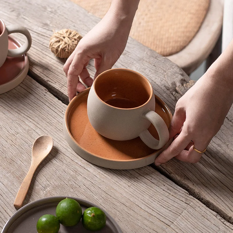Creative Individual Coffee Cup and Saucer Suit Retro Style Coarse Pottery Simple Latch Ceramic Sand Small Frosted Style