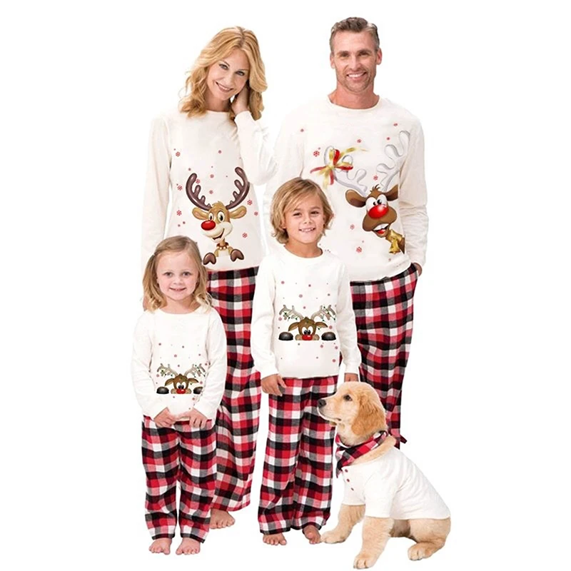 Family Matching Christmas Pajamas Set Reindeer Print Round Neck Long Sleeve Tops Dog Bandana Baby Romper - Festive Holiday