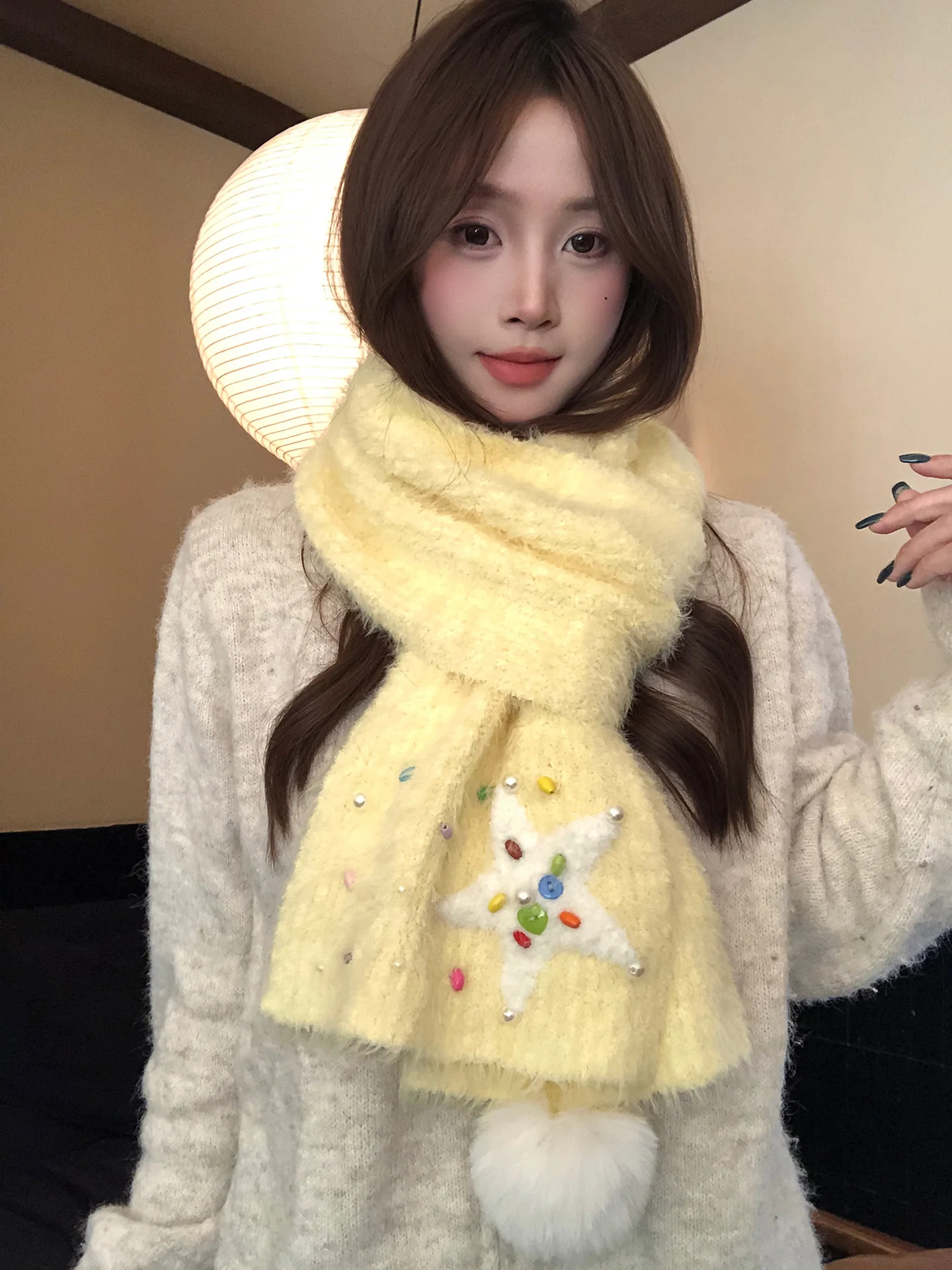Cute Knitted Furry Scarf for Women Autumn Winter Warm Neck Protection Sugar Bean Star Ball Soft Plush Gagging Dopey Scarf