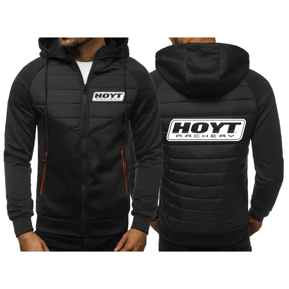 Hoyt Archery 2023 New Spring And Autumn Men Tricolor Hooded Jacket Casual Slim Patchwork Zipper Long Sleeve Clothing