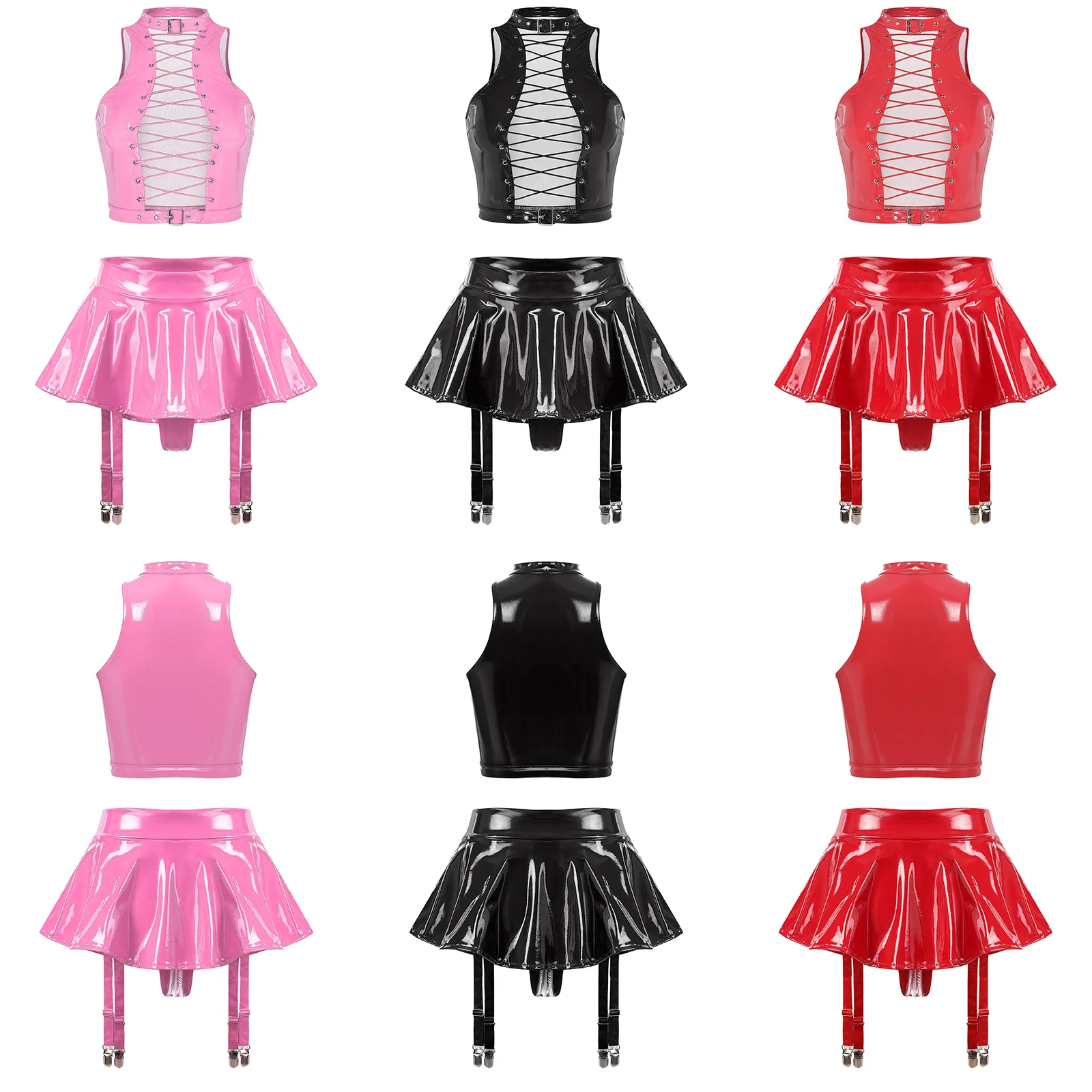 Women Wet Look Patent Leather Outfit Dance Rave Clothes Lace-Up Vest and Ruffle Skirt with Built-in Thongs Garter Belts Clubwear