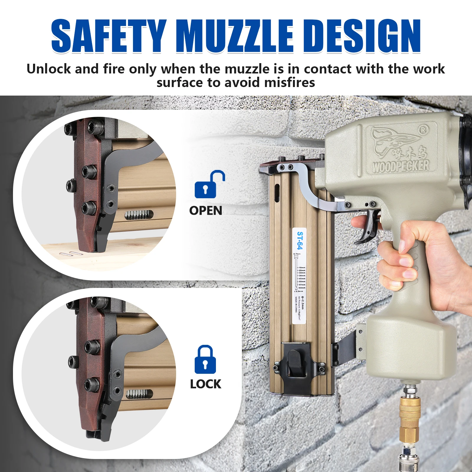 WOODPECKER W-ST64 14 Gauge Heavy Duty Pneumatic Concrete T Nailer with 800 PCS ST18 Concrete T Nails  for Furniture view 4