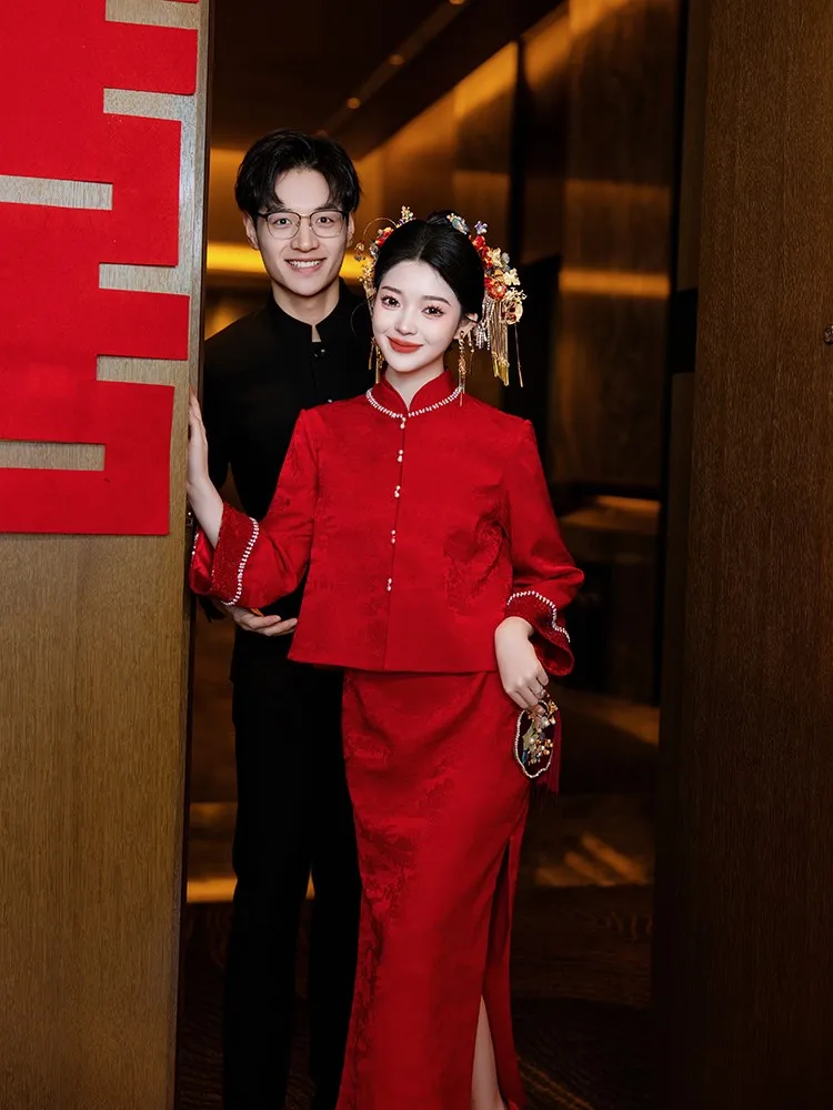 

New Chinese-style cheongsam toasting dress bride's wedding and engagement return two-piece set style