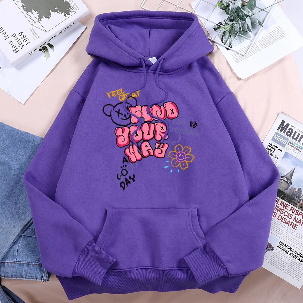 Find Your Way Life Is Amusing Printed Hoodies Women Sport Comfortable Hooded Basic Daily Casual Hoodie Loose Fleece Streetwear